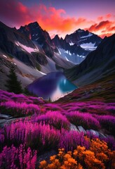 Wall Mural - stunning mountain vistas captured dawn dusk dramatic skies vibrant colors showcasing beauty, adventure, altitude, backdrop, clouds, earth, expanse