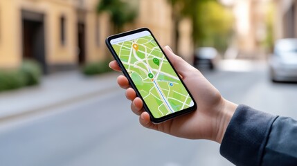 Wall Mural - A person holding a smart phone displaying gps on the screen, AI