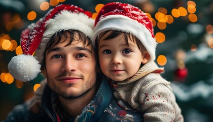 Joyful father and child celebrating Christmas in festive spirit with Santa hat amidst holiday cheer