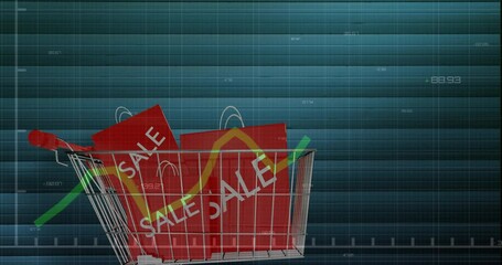 Sticker - Animation of data processing over shopping cart with sale bags