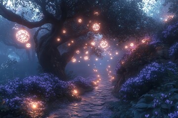 Wall Mural - ethereal digital artwork of plectranthus leaves in a misty forest illuminated by magical floating orbs of light creating a mystical and enchanted atmosphere