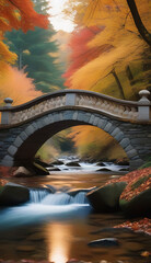 stone bridge arches babbling stream surrounded vibrant autumn foliage