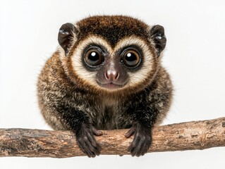 Wall Mural - slow loris sits gracefully on a branch, showcasing its large, captivating eyes and round body, isolated on a bright white background, creating a serene atmosphere.