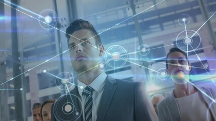 Poster - Animation of network of connections over diverse colleagues walking in office
