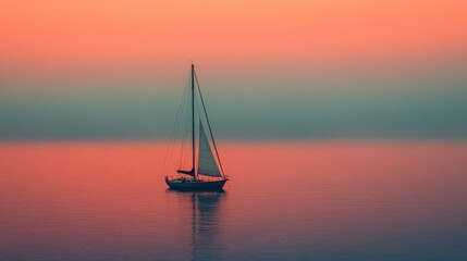 Canvas Print - A serene scene of a sailboat gliding across calm waters at sunset, creating a tranquil and picturesque atmosphere.