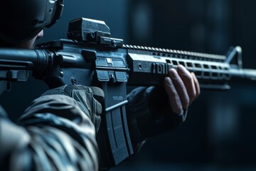 Close-up of a man shooting a rifle in a dark background