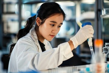 Asian young woman student in college science laboratory. Asian young adult woman student in college science laboratory. She is learning how to use special laboratory equipment. She is wearing lab coat