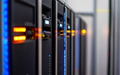 Poster - A close-up view of server racks featuring LED indicators, commonly used in data centers for processing and storage.
