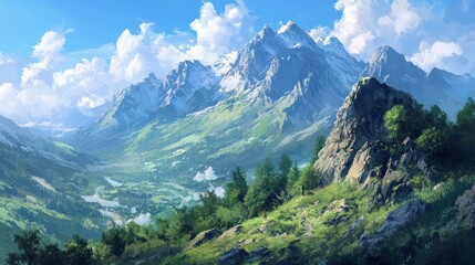 Wall Mural - Majestic Mountain Range Overlooking Lush Valley