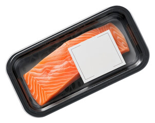 Wall Mural - PNG Sealable black plastic tray and cover with salmon and blank label mockup packaging seafood freshness meat.