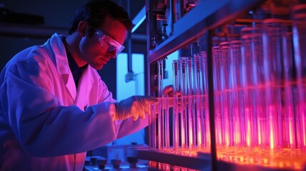 Poster - A scientist in a lab coat works with glowing test tubes, conducting experiments in a modern laboratory setting.