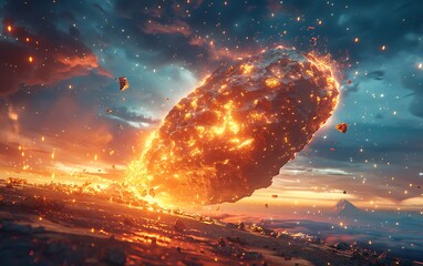 Wall Mural - a fiery asteroid hurtles through the sky, leaving a trail of debris in its wake.