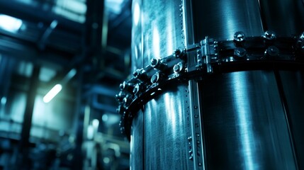 Poster - A close-up of a metallic industrial pipe with bolts, showcasing engineering and manufacturing details.