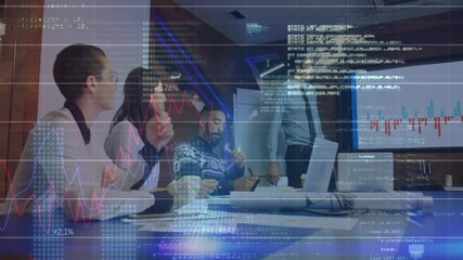 Poster - Animation of data processing over diverse business people working in office