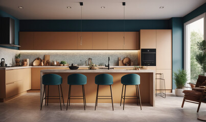 Wall Mural - A modern kitchen with teal and wood cabinets, a white countertop, and four teal bar stools