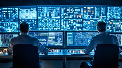  - Two professionals monitor multiple digital screens displaying data and analytics in a high-tech control room.