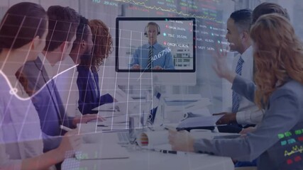 Poster - Animation of data processing over diverse business people working in office