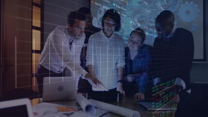 Poster - Animation of data processing over diverse business people working in office