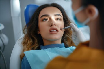 Sticker - young woman at a preventive examination at the dentist.