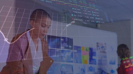 Poster - Animation of data processing over diverse business people working in office