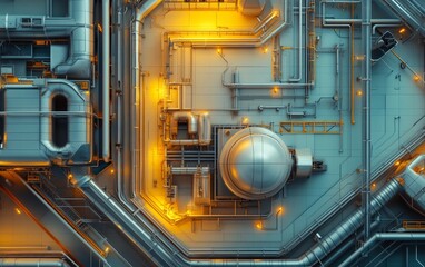 Poster - A detailed view of industrial piping and machinery with glowing elements, emphasizing technology and engineering design.