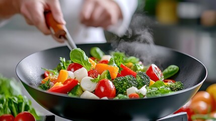 Wall Mural - A person stirring a wok full of vegetables with tongs, AI