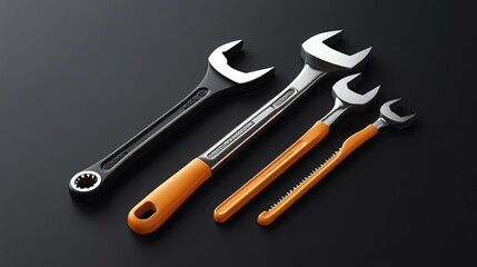 Detailed 3D vector illustration of a set of tools essential for any mechanic or plumber, including a wrench, adjustable wrench, and screwdriver. 