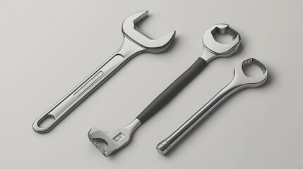 Detailed 3D vector illustration of a set of tools essential for any mechanic or plumber, including a wrench, adjustable wrench, and screwdriver. 