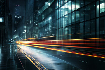 Wall Mural - Long exposure of light trails from fast-moving vehicles in a modern cityscape at night, with glass skyscrapers and reflections on the wet street