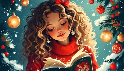 Wall Mural - Enchanting Christmas scene with curly-haired girl immersed in a book