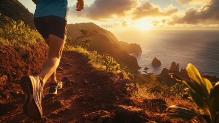 A runner jogs along a scenic coastal trail at sunset, surrounded by lush greenery and ocean views.