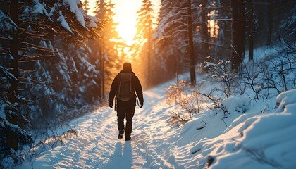 Wall Mural - Serene winter hike through a snow-draped forest with a man strolling along a peaceful road under a breathtaking sunset