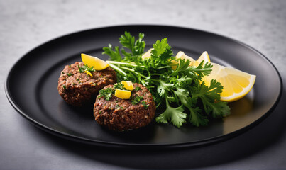 Two savory patties are served on a black plate with lemon wedges and parsley