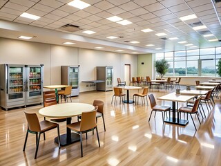 Clean and modern institutional dining area with rows of tables, chairs, and vending machines set against a neutral-toned wall and polished floor.