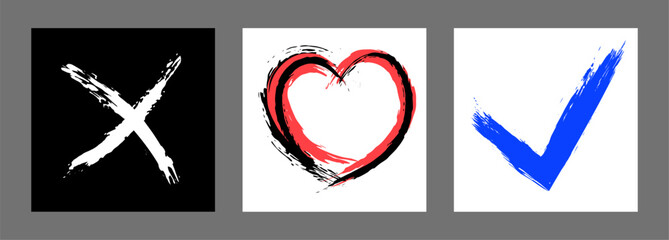 The cross, heart and OK symbol are hand-drawn with a brush. Prohibition, denial, error. Love. Approval, consent. Vector, set of 3 characters