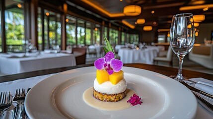   A white plate, adorned with a cupcake smothered in frosting and a purple flower perched atop it beside a wine glass