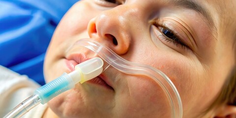 Close-up of a flexible silicone feeding tube inserted through the nose, connecting to a nutrition source, assisting with enteral nutrition and patient care.