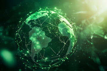 Poster - Green futuristic background with planet Earth. Internet and technology. Floating Green plexus geometric background.