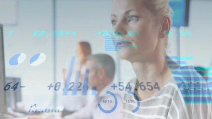 Poster - Animation of data processing over diverse colleagues at meeting in office