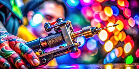 Close-up of a vibrant, colorful tattoo machine in action, flashing bright lights amidst a blurred background of skin, ink, and creative expression.