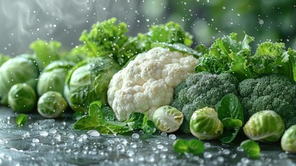 Fresh green vegetables like broccoli, cauliflower, brussels sprouts and kale arranged on a wooden surface with water drops.