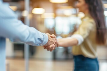 Successful partnership. Business people shaking hands in the office. Blurred shot of two business persons shaking hands in a modern office. Business partners shaking hands, seen through glass wall in 