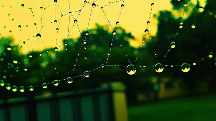 Wall Mural -   Spider web glistening with raindrops against yellow backdrop, trees, and buildings visible