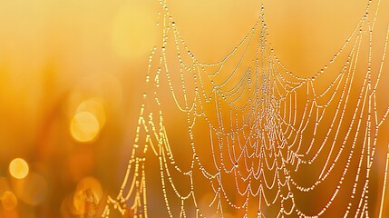 Wall Mural -   A close-up of a spider web dotted with water droplets against a sunny sky, with the sun shining in the background