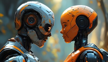 Vibrant portrayal of a heartfelt connection between human and robot, showcasing warmth and tenderness through smooth brush strokes at eye level