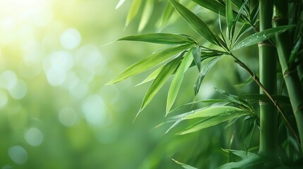 Wall Mural -   Close-up of a bamboo plant with sunlight filtering through the leaves on the tree's backside