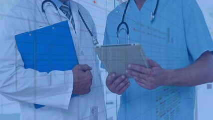Poster - Animation of data processing over caucasian male doctors using tablet