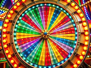 Colorful carnival game wheel spins with excitement, its vibrant sections and flashing lights inviting players to take a chance on winning big prizes.