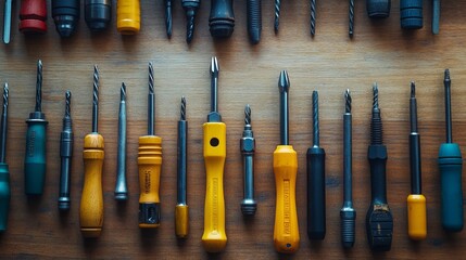 Various screwdrivers arranged neatly on a wooden table, providing ample space for adding text or other elements to the image. 