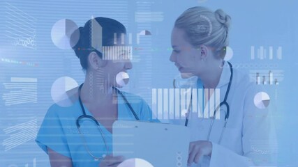 Poster - Animation of data processing over caucasian female doctors talking